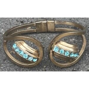 Aqua Marine Blue Stones 6 Stones On Each Side Gold Toned Cuff Bracelet